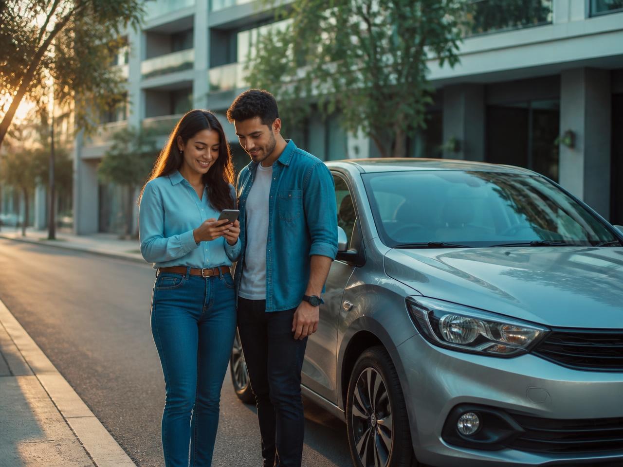 Pareja revisando la cotización del seguro de su carro en la calle